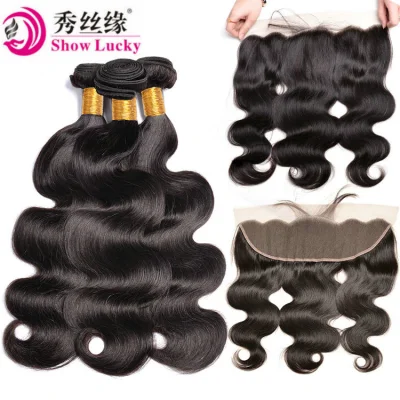 Cutícula de Color negro Natural alineada cabello saludable cabello humano brasileño virgen Remy extensiones de cabello ondulado con Frontal